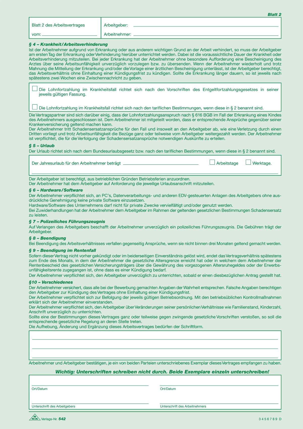 Arbeitsvertrag für gewerbliche Arbeitnehmer - SD, 2 x 2 Blatt, DIN A4 Arbeitsvertrag für gewerbliche Arbeitnehmer - SD, 2 x 2 Blatt, DIN A4