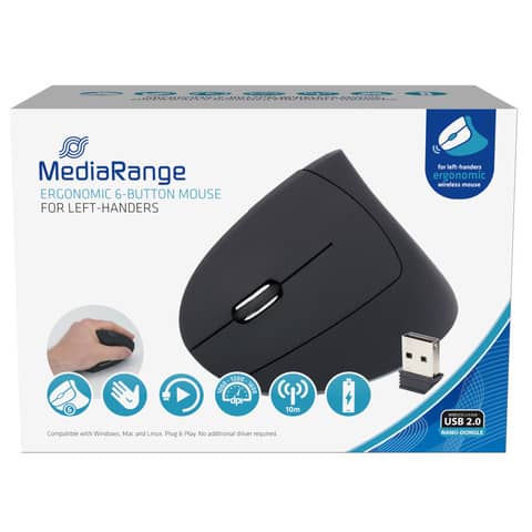 Maus MediaRange MROS233, für Linkshänder, kabellos, 6 Tasten, 1.600 dpi, schwarz