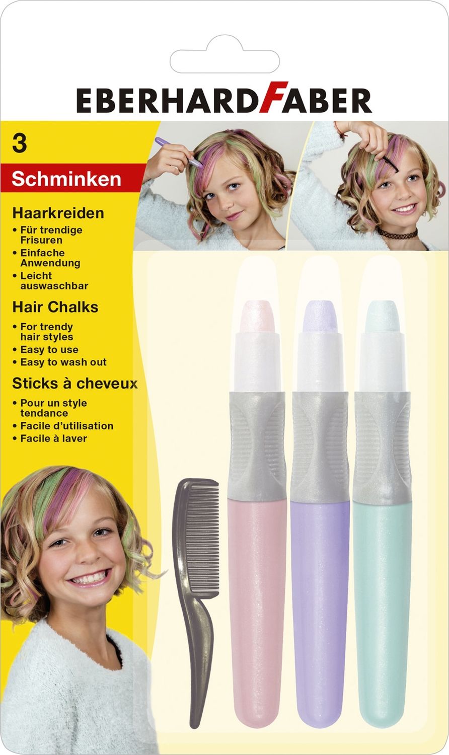 Haarkreide Set Pearl - 3 Farben sortiert mit Kamm