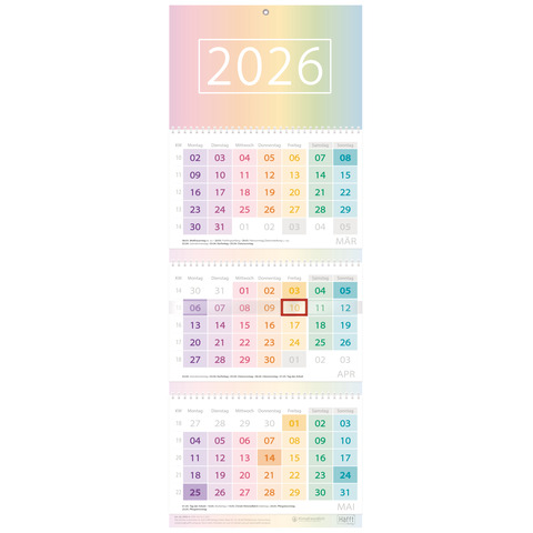 3-Monatskalender Häfft 9992-4, Jahr 2026, 1 Monat auf 1 Blatt, 3 Blatt untereinander, 29,5 x 79,5 cm