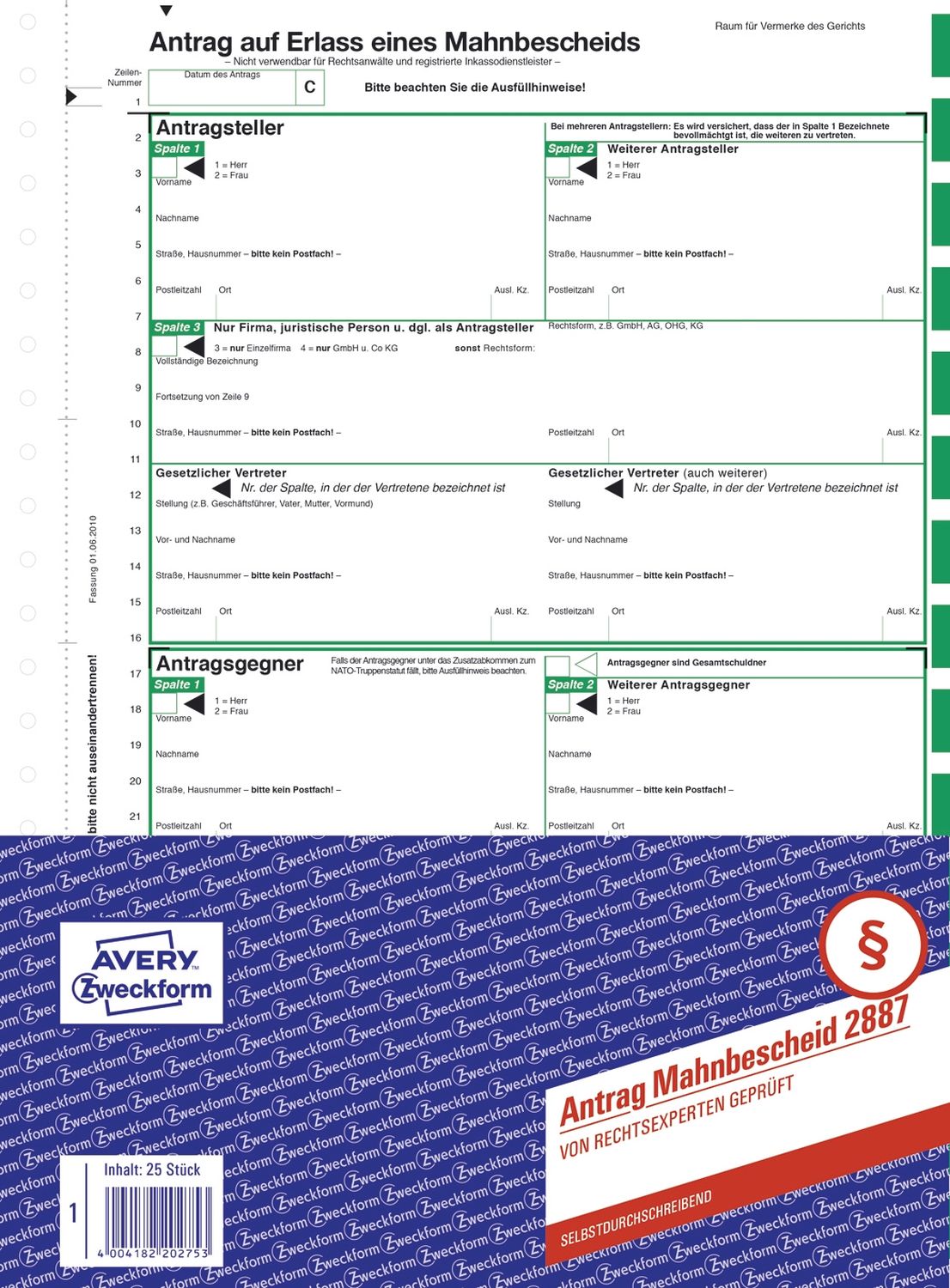 2887 Mahnbescheid, DIN A4, selbstdurchschreibend, 1 Satz, grün 2887 Mahnbescheid, DIN A4, selbstdurchschreibend, 1 Satz, grün