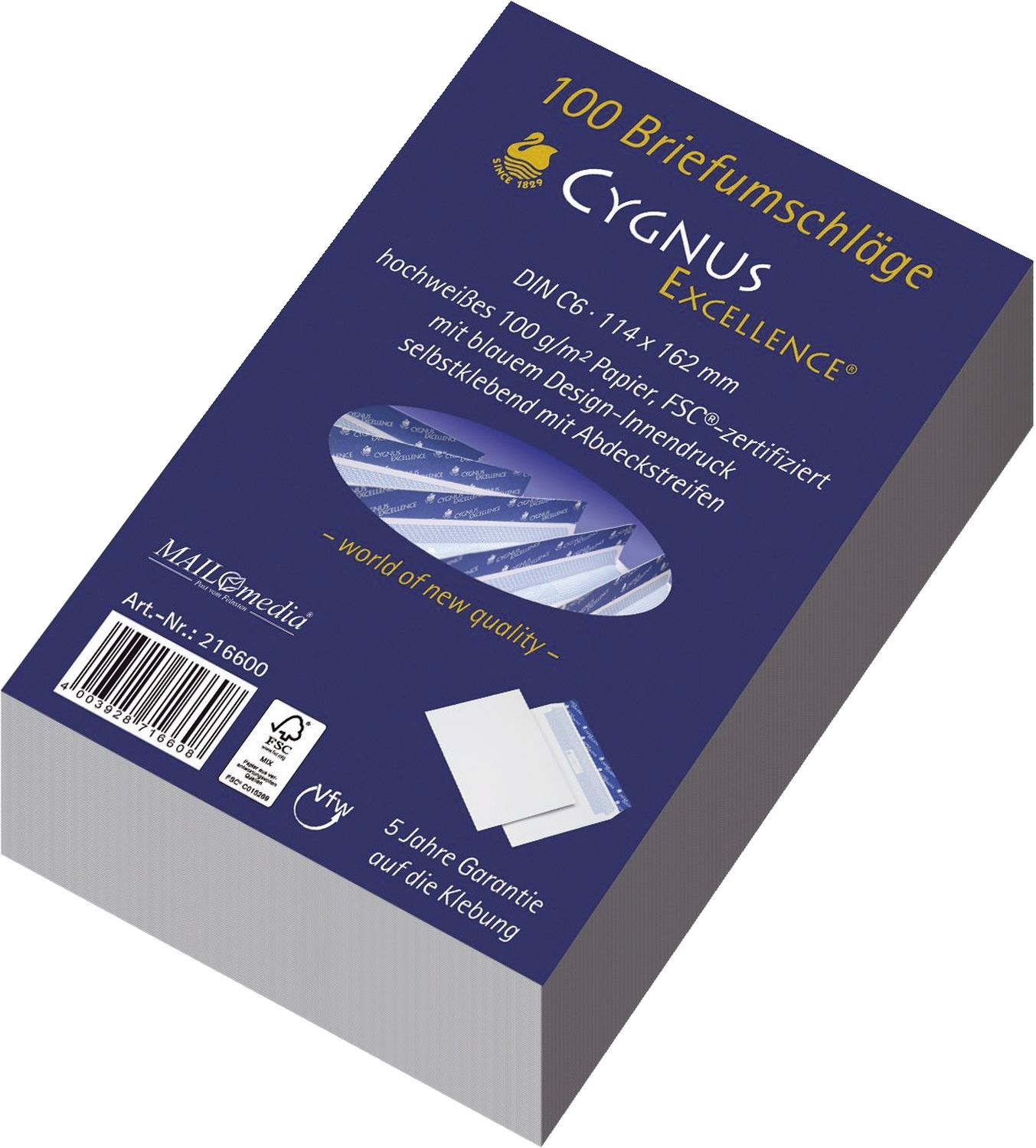 Briefumschlag Cygnus Excellence 30002366, C6, haftkebend, weiß, Offset 100g, 100 Stück