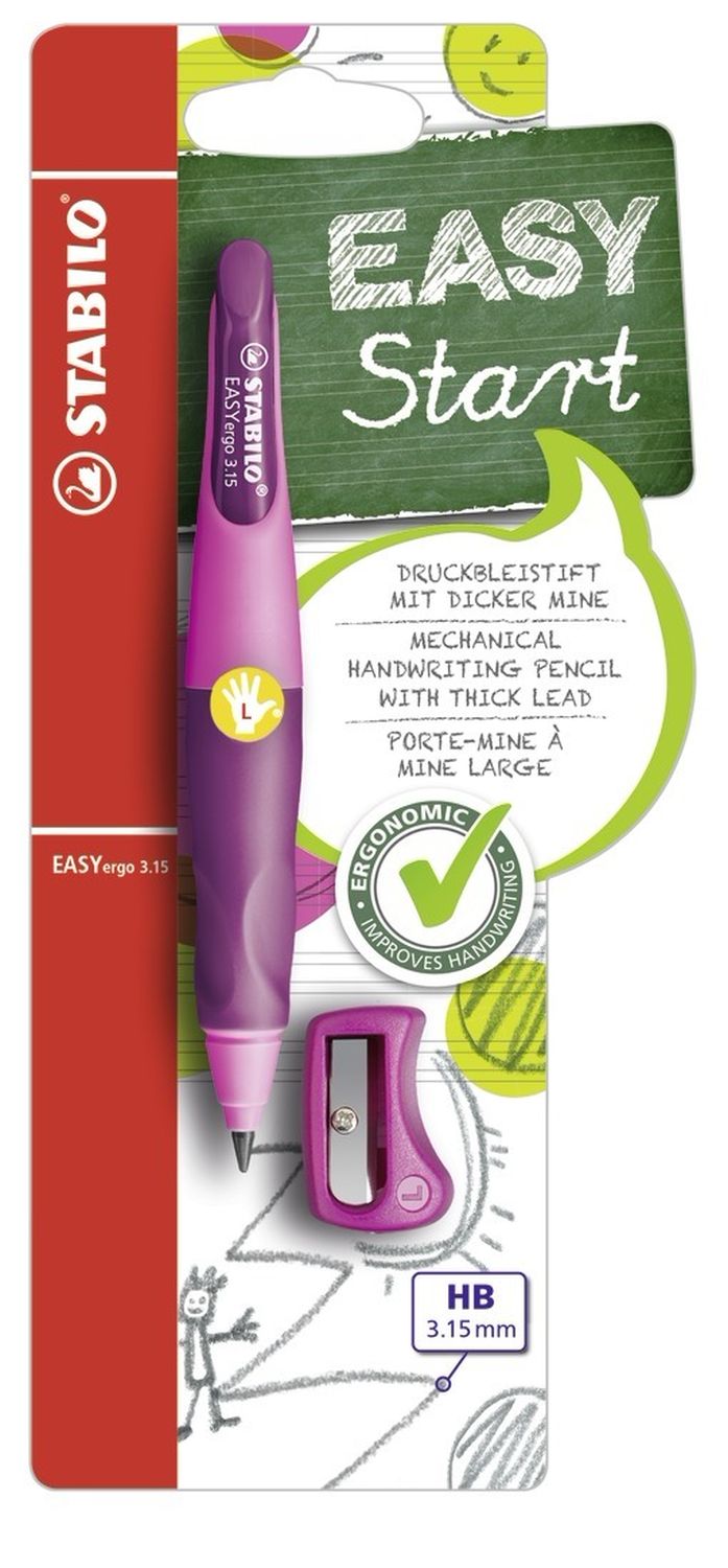 Ergonomischer Druck-Bleistift für Linkshänder - EASYergo 3.15 in pink/lila - Einzelstift - inklusive 1 dicken Mine - Härtegrad HB & Spitzer