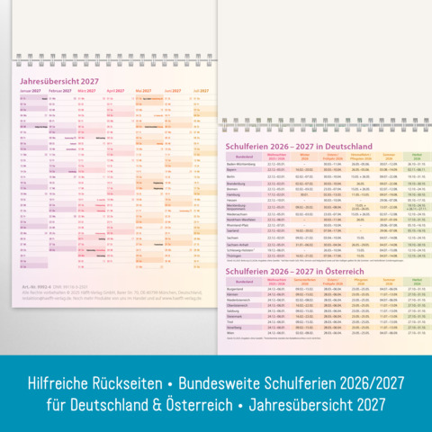 3-Monatskalender Häfft 9992-4, Jahr 2026, 1 Monat auf 1 Blatt, 3 Blatt untereinander, 29,5 x 79,5 cm