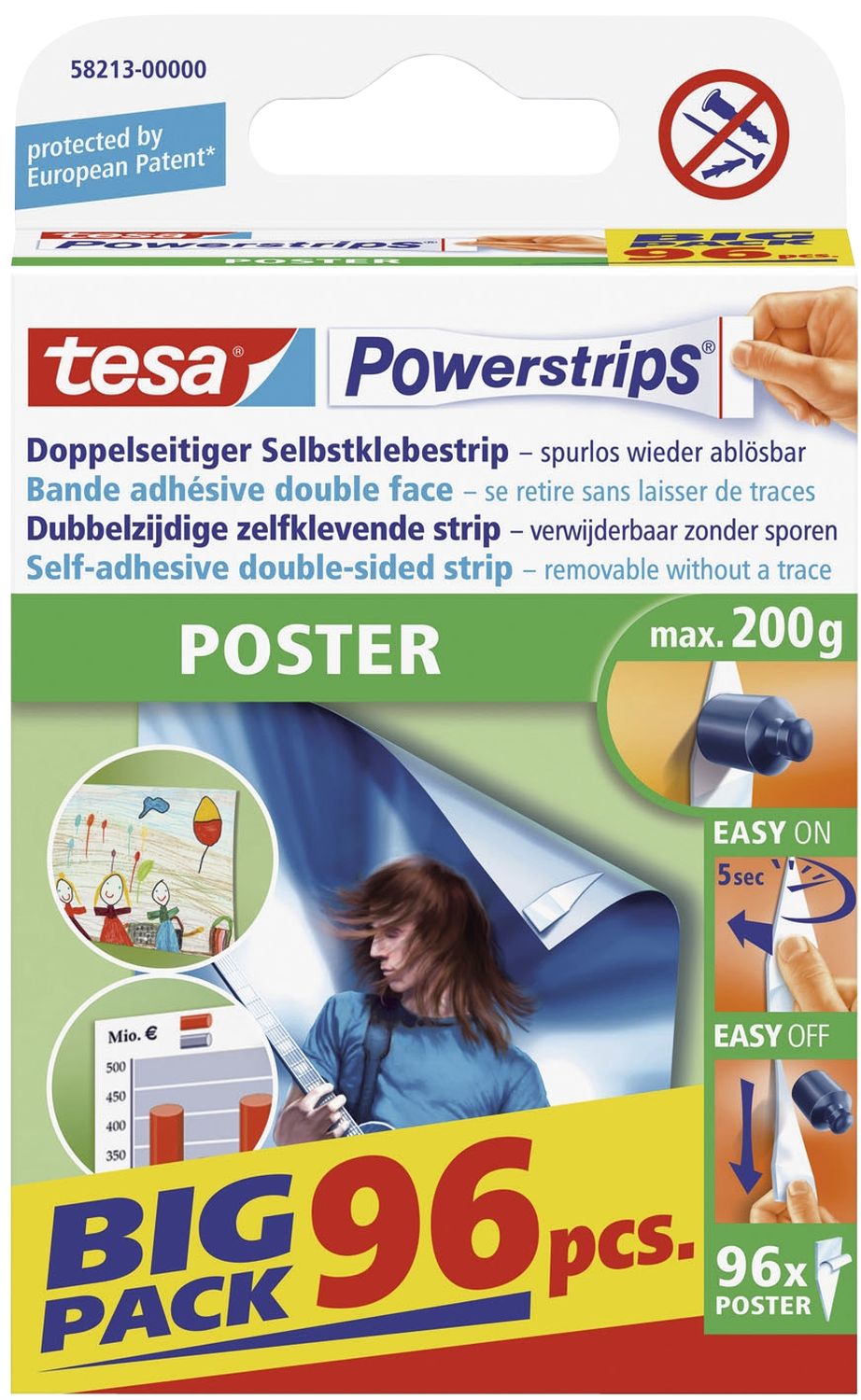 Powerstrips® Poster - ablösbar, Tragfähigkeit 200 g, weiß, 96 Stück Powerstrips® Poster - ablösbar, Tragfähigkeit 200 g, weiß, 96 Stück
