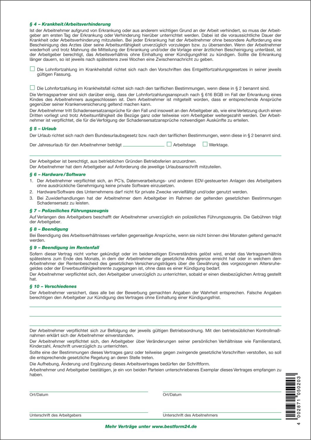 Arbeitsvertrag für gewerbliche Arbeitnehmer, 2 Seiten, DIN A4 Arbeitsvertrag für gewerbliche Arbeitnehmer, 2 Seiten, DIN A4