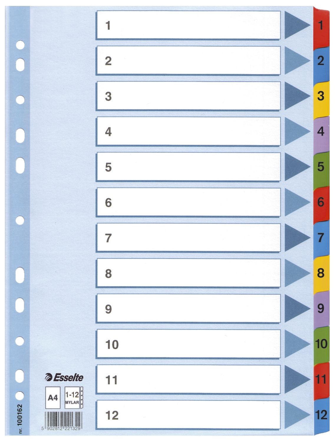 Register Esselte 100162, 1-12, für DIN A4 Karton, 12-teilig, Karton 160g, weiß mit farbigen Taben