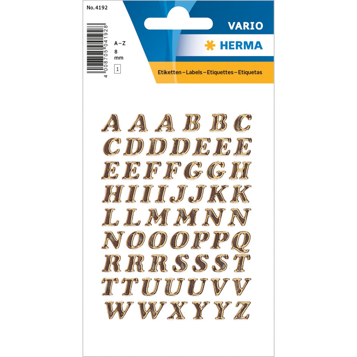 4192 Buchstaben-Etiketten - A-Z, 8 mm, Prismaticfolie gold glitzernd 4192 Buchstaben-Etiketten - A-Z, 8 mm, Prismaticfolie gold glitzernd
