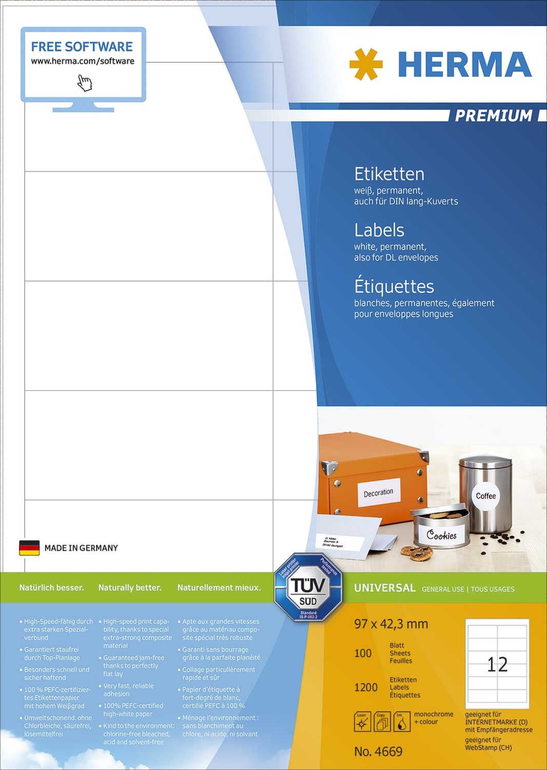 4669 Etiketten Premium A4, weiß 97x42,3 mm Papier matt 1200 St.