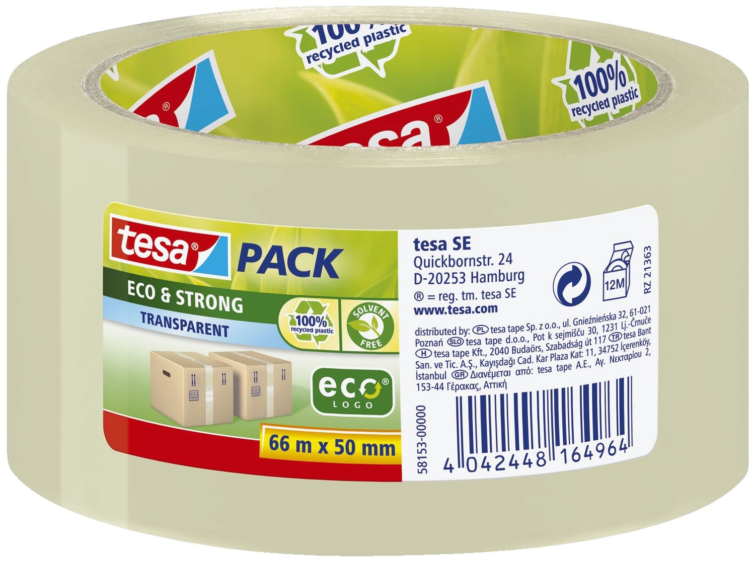 Verpackungsklebeband tesapack® Eco & Strong - PP, 66 m x 50 mm, transparent