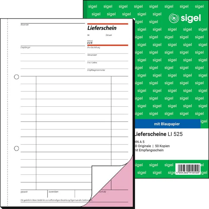 Lieferscheine Sigel LI 525, DIN A5, 2 x 50 Blatt mit Blaupapier