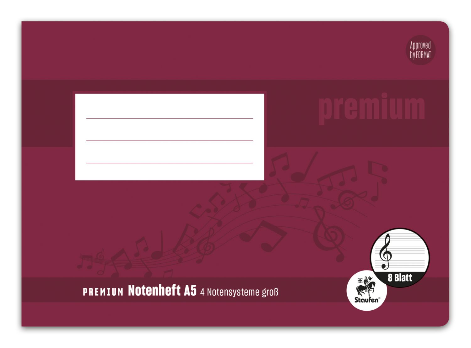 Notenheft PREMIUM Academy - A5 quer, 90 g/qm, 8 Blatt, 4 große Notensysteme