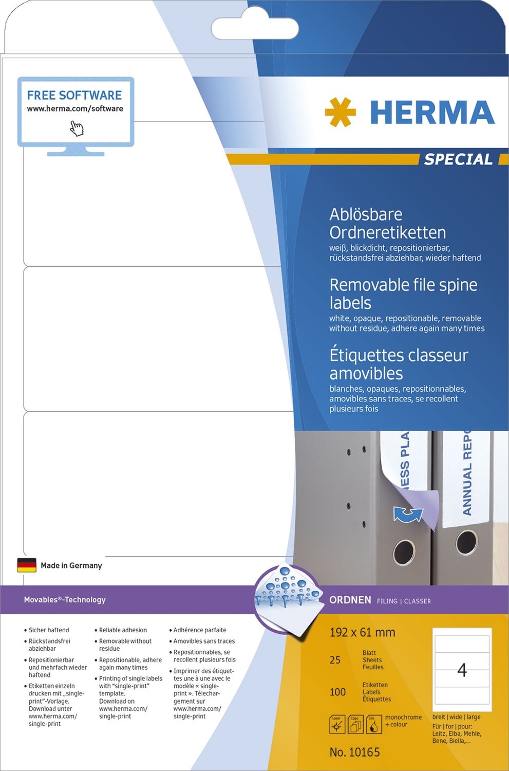 Rückenschilder Herma Movables 10165, PC-beschriftung breit/kurz 61x192 mm, ablösbar, 100 Stück