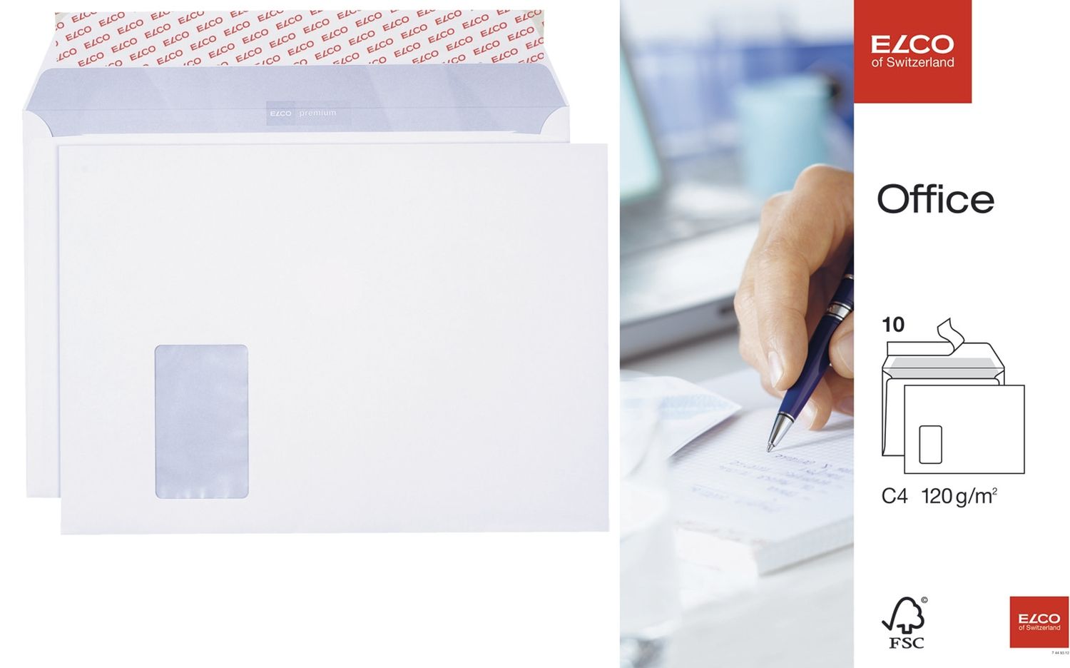 Versandtaschen Office Elco 74493.12, C4, Öffnung an der langen Seite, mitFenster, hochweiß, haftklebend, 120 g/qm, 10 Stück