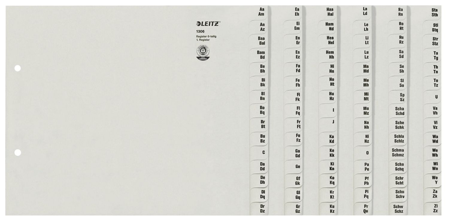 Leitz Registerserien A - Z für 6 Ordner, A4 Überbreite, aus Papier 100g/qm, 90 Blatt