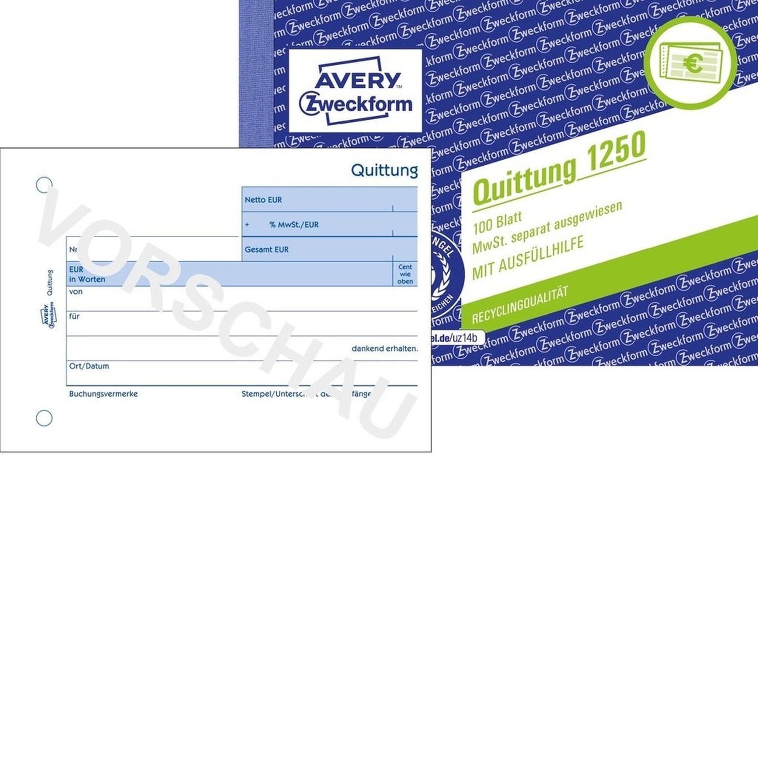 1250 Quittung MwSt. separat ausgewiesen - A6 quer, MP, fälschungssicher, 100 Blatt, weiß 1250 Quittung MwSt. separat ausgewiesen - A6 quer, MP, fälschungssicher, 100 Blatt, weiß
