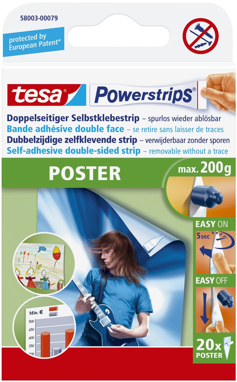 Powerstrips® Poster - ablösbar, Tragfähigkeit 200 g, weiß, 20 Stück