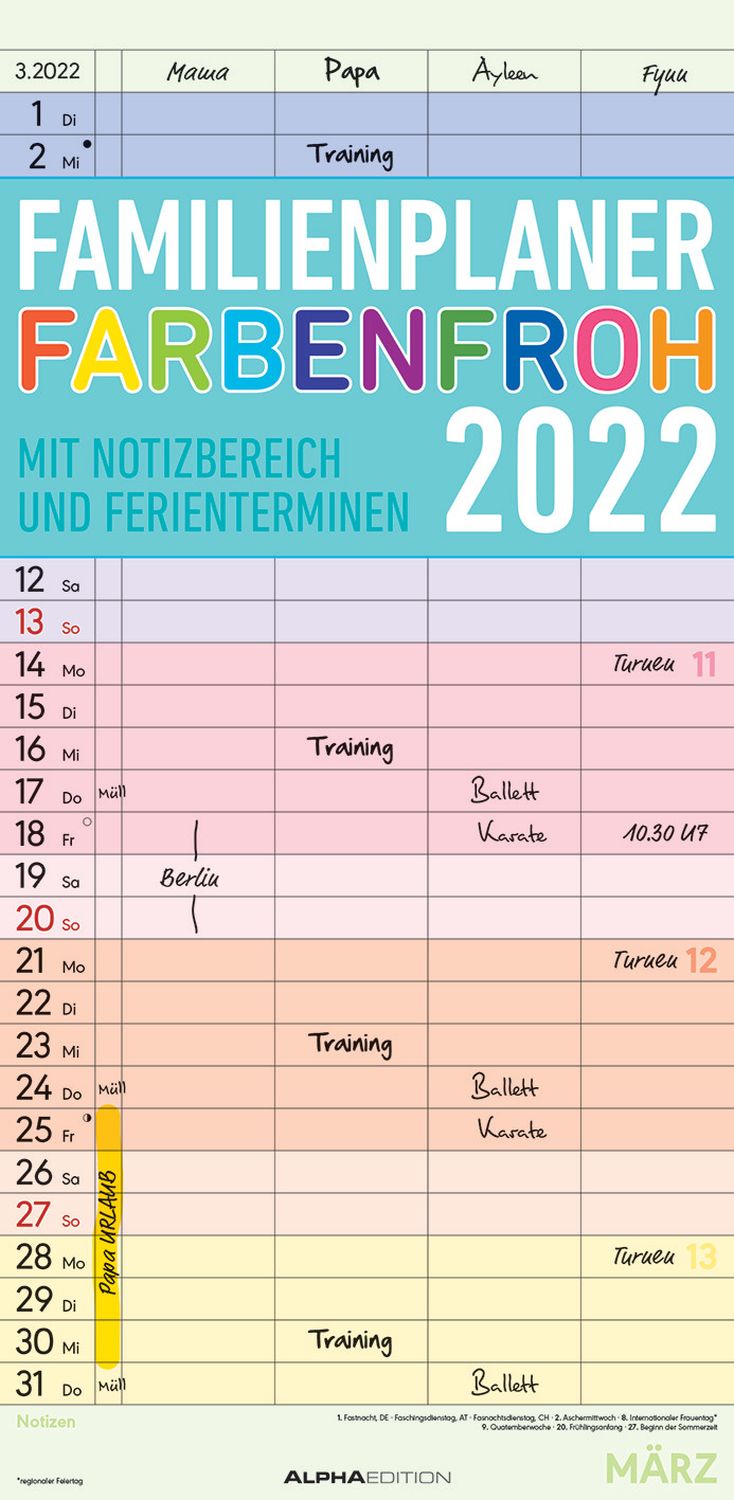 Familienkalender Farbenfroh - 22 x 45 cm, 4 Spalten
