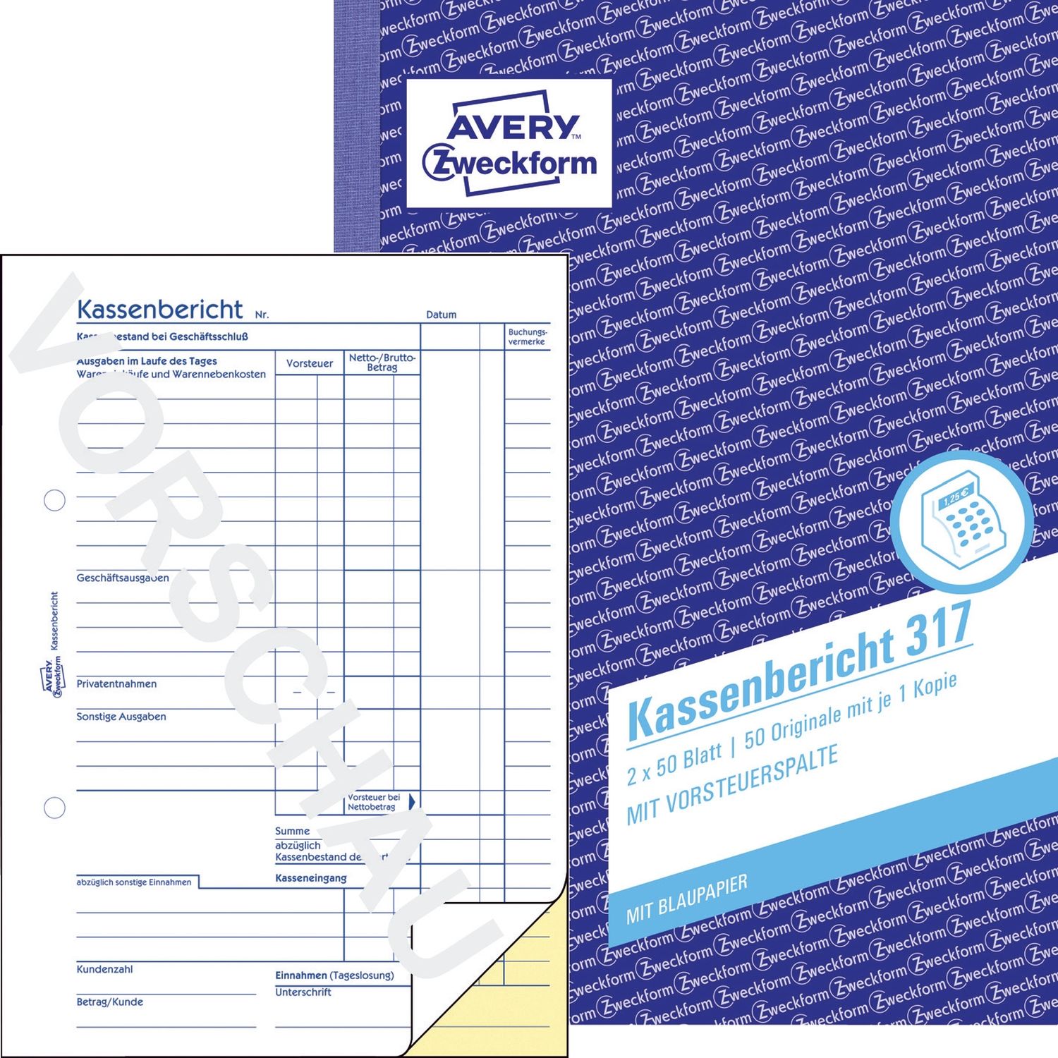 317 Kassenbericht, DIN A5, vorgelocht, 2 x 50 Blatt, weiß, gelb 317 Kassenbericht, DIN A5, vorgelocht, 2 x 50 Blatt, weiß, gelb