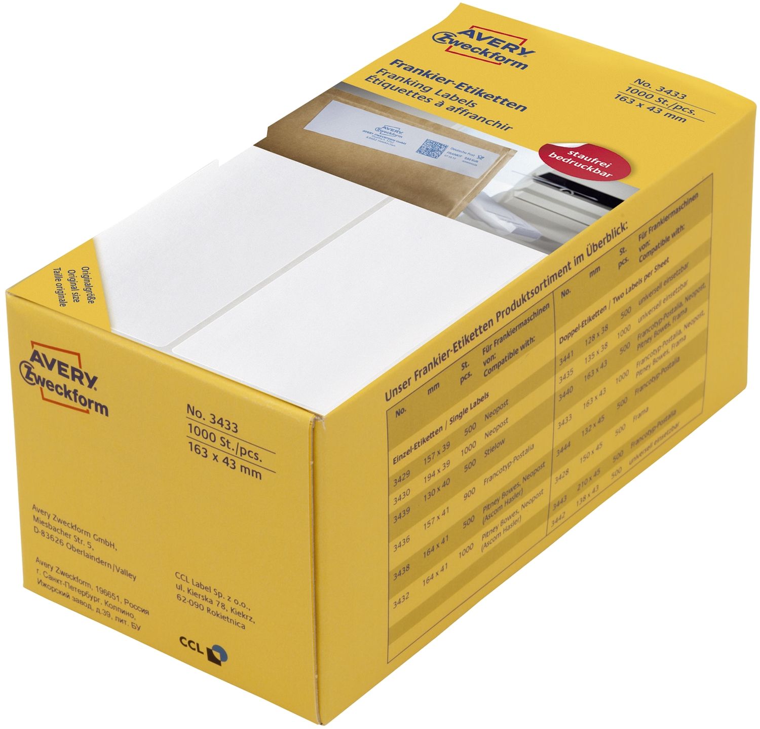 3433 Frankier-Etiketten - doppelt, 163 x 43 mm, 1.000 Etiketten 3433 Frankier-Etiketten - doppelt, 163 x 43 mm, 1.000 Etiketten