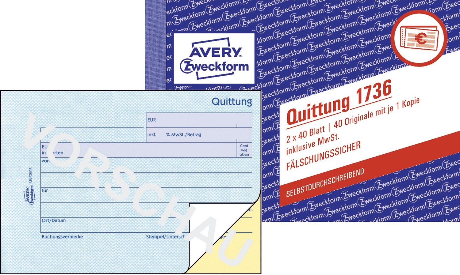 1736 Quittung inkl. MwSt. - A6 quer, MP, SD, fälschungssicher, 2 x 40 Blatt, weiß, gelb 1736 Quittung inkl. MwSt. - A6 quer, MP, SD, fälschungssicher, 2 x 40 Blatt, weiß, gelb