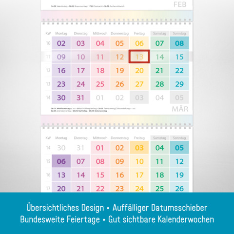3-Monatskalender Häfft 9992-4, Jahr 2026, 1 Monat auf 1 Blatt, 3 Blatt untereinander, 29,5 x 79,5 cm