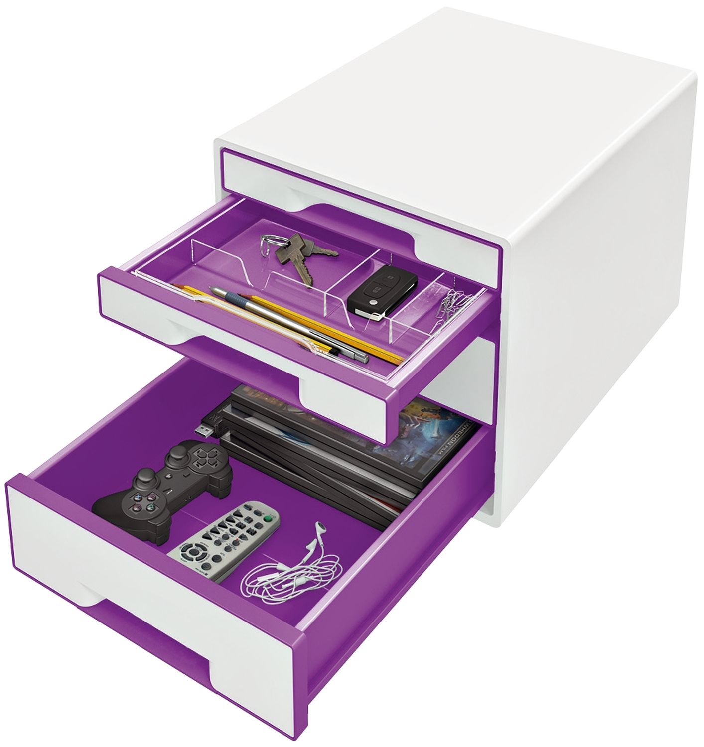 5213 Schubladenbox WOW CUBE - A4/C4, 4 geschlossene Schubladen, perlweiß/violett metallic 5213 Schubladenbox WOW CUBE - A4/C4, 4 geschlossene Schubladen, perlweiß/violett metallic
