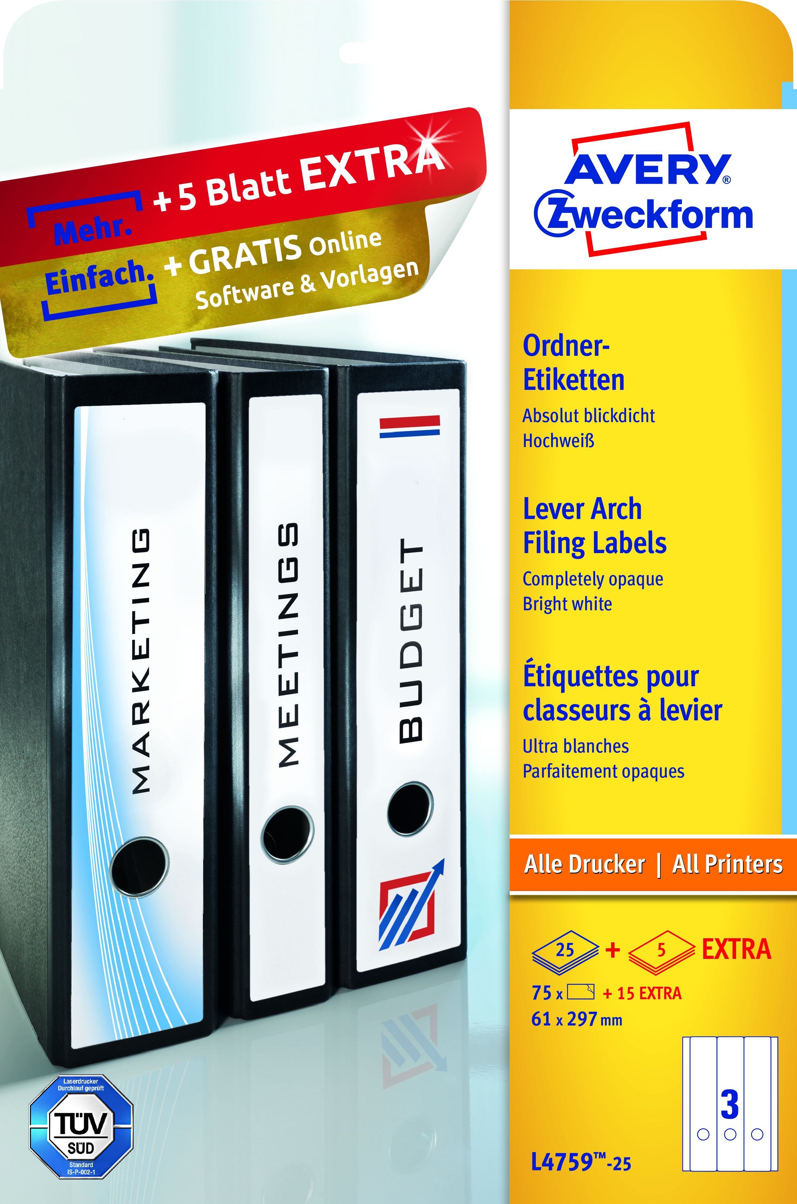 Rückenschild Avery Zweckform L4759-25 PC-beschriftbar, breit/lang 61 x 297 mm, 30 Bogen/90 Etiketten, weiß