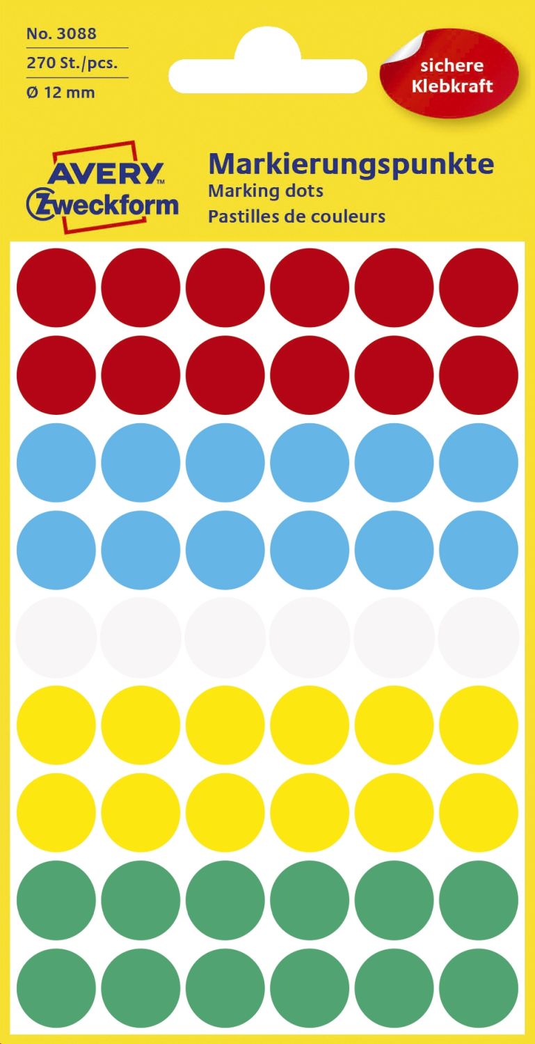 3088 Markierungspunkte - Ø 12 mm, 5 Blatt/270 Etiketten, farbig sortiert 3088 Markierungspunkte - Ø 12 mm, 5 Blatt/270 Etiketten, farbig sortiert