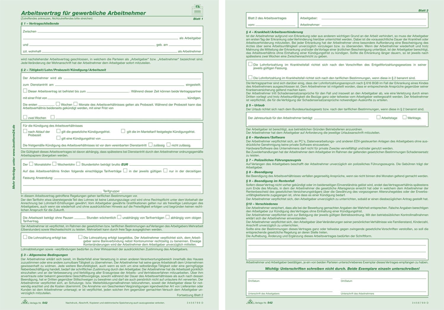 Arbeitsvertrag für gewerbliche Arbeitnehmer - SD, 2 x 2 Blatt, DIN A4