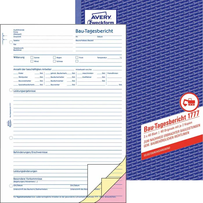 Bautagebuch Zweckform 1777 für Bauleiter, DIN A4, selbstdurchschreibend, 3 x 40 Blatt