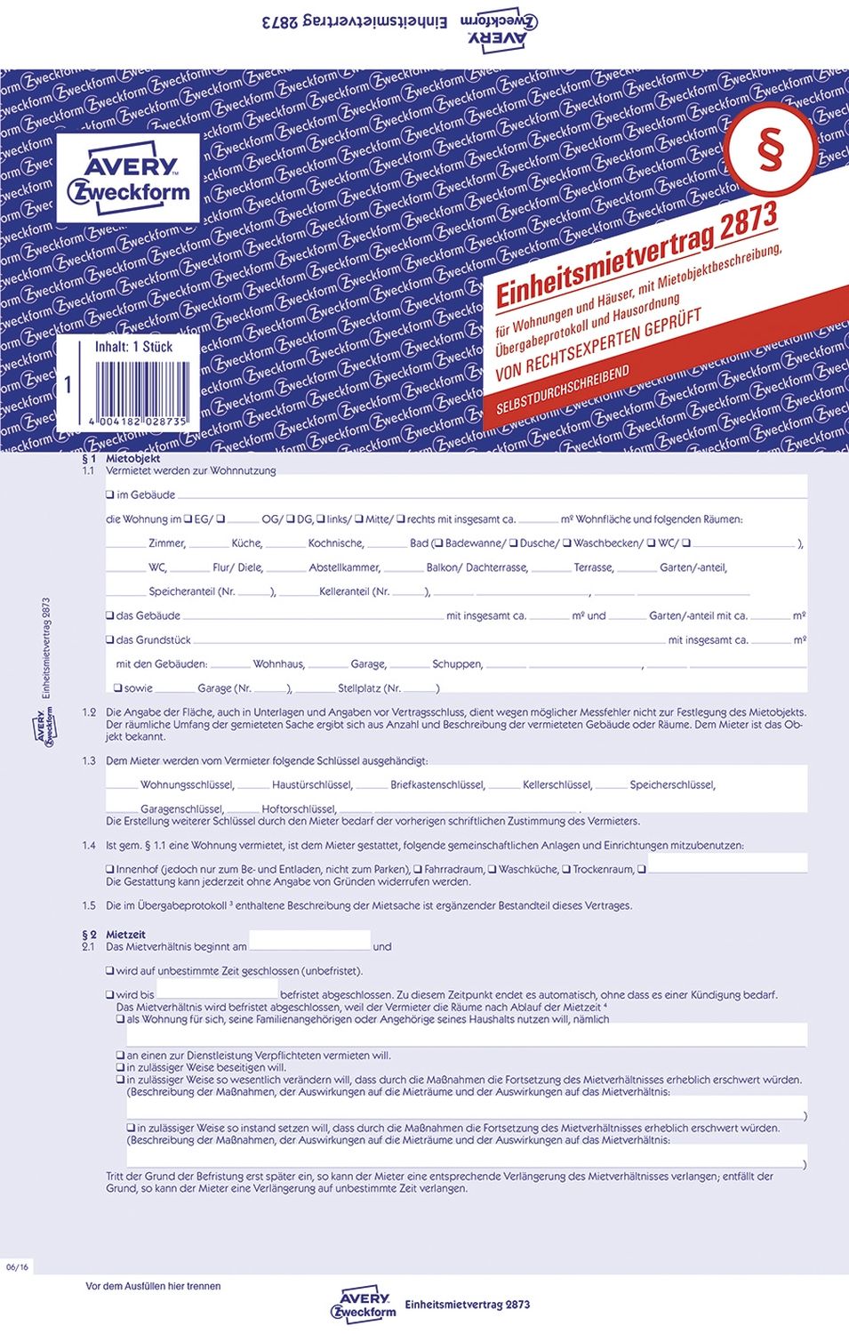 2873 Einheitsmietvertrag - Wohnungen und Häuser, DIN A4, mit Übergabeprotokoll, gelb 2873 Einheitsmietvertrag - Wohnungen und Häuser, DIN A4, mit Übergabeprotokoll, gelb