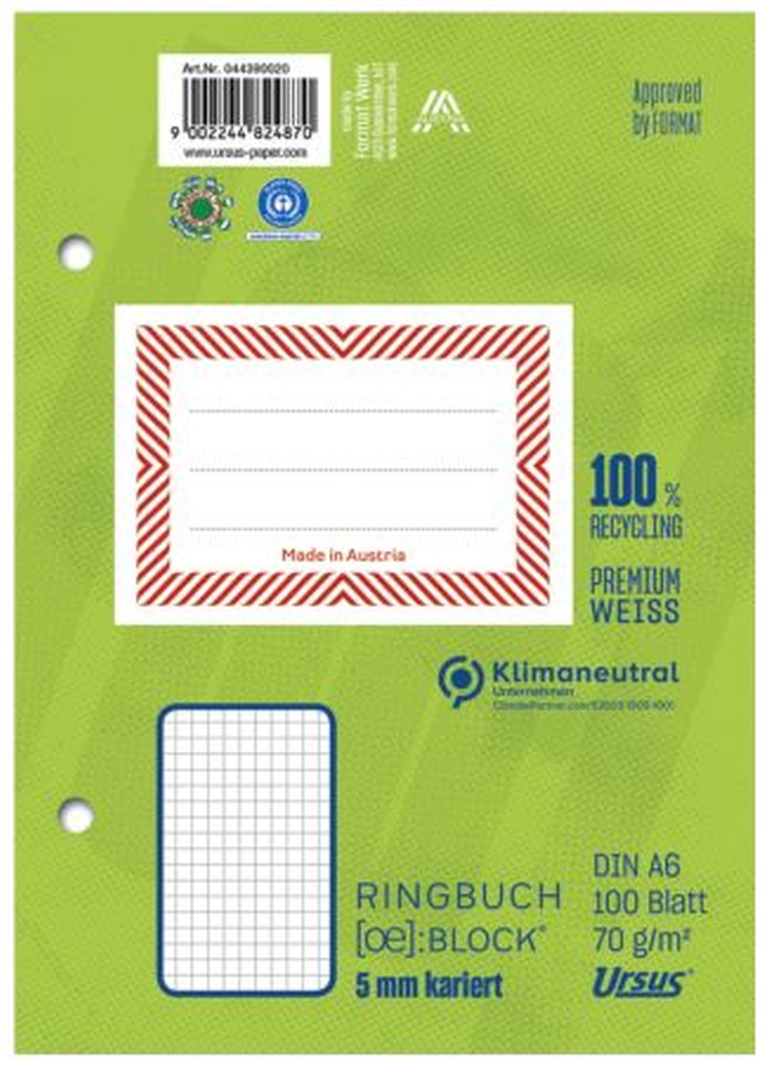 Ringbuchblock - A6, 100 Blatt, 70 g/qm, kariert