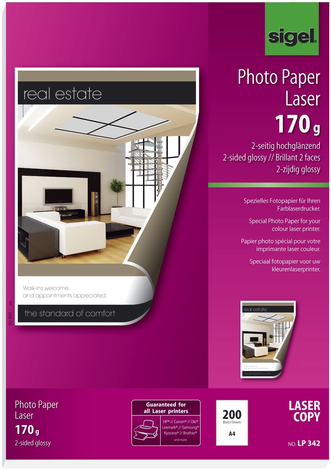 Fotopapier Photo Paper Laser LP342, DIN A4, weiß, hochglänzend, 170 g/qm, 200 Blatt für Laserdrucker