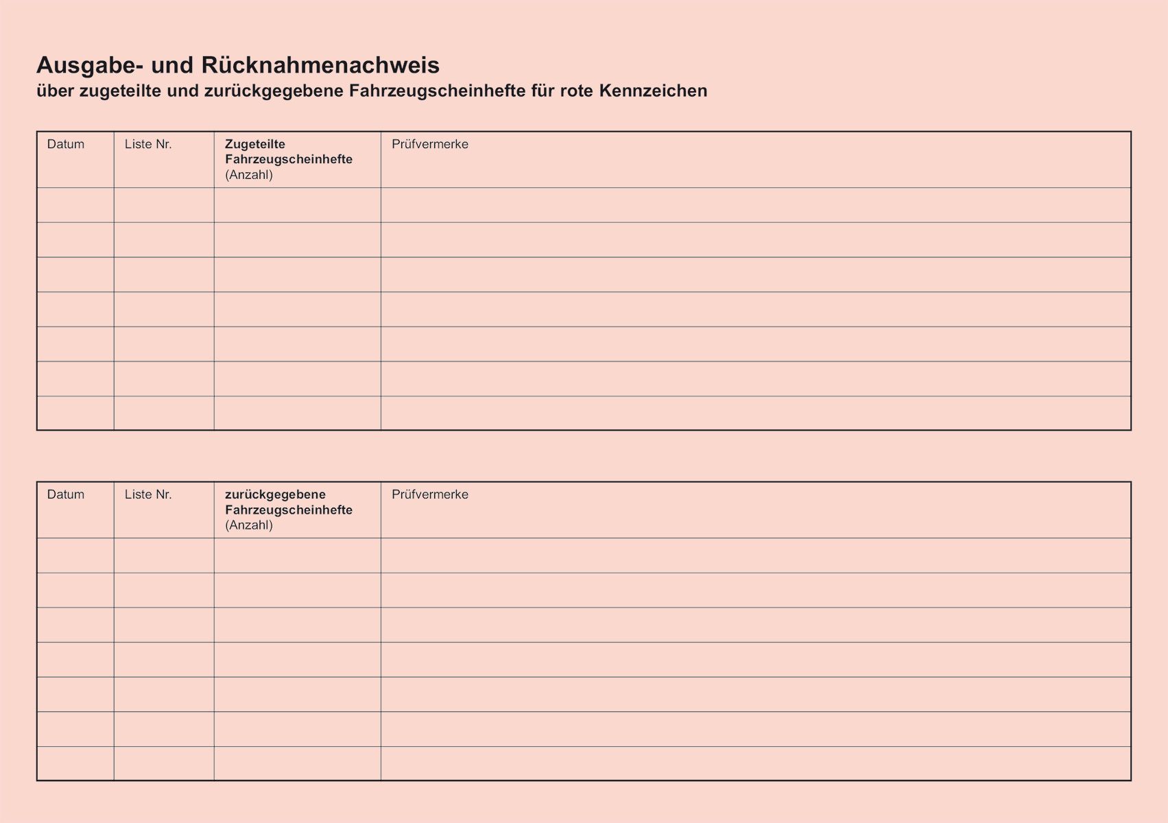Nachweisheft für rote Kennzeichen - 16 Seiten, A5 quer Nachweisheft für rote Kennzeichen - 16 Seiten, A5 quer