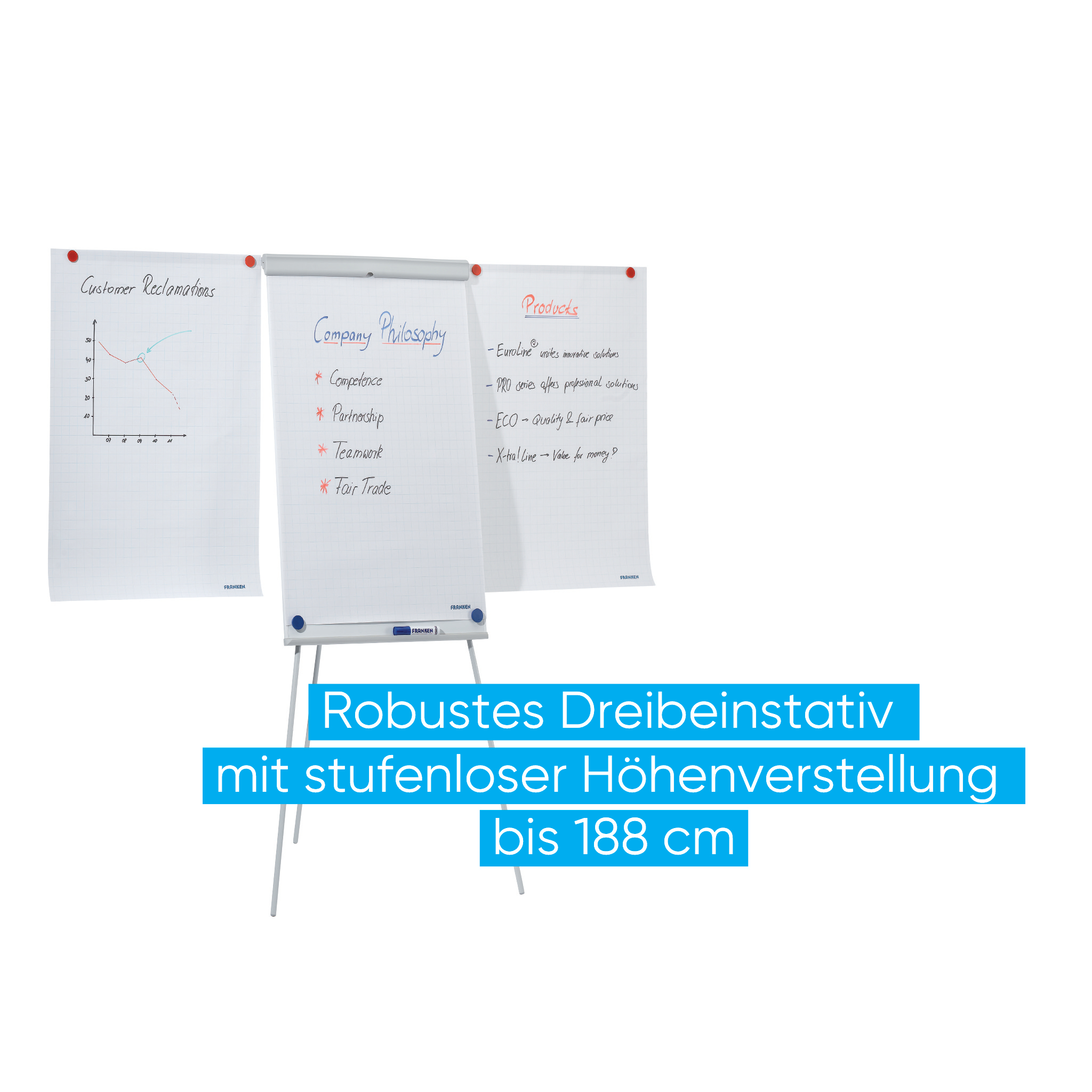 Flipchart Franken X-tra!Line Standard Plus EL-FC22, Dreibein, mit Seitenarmen, höhenverstellbar, 68 x 105 cm