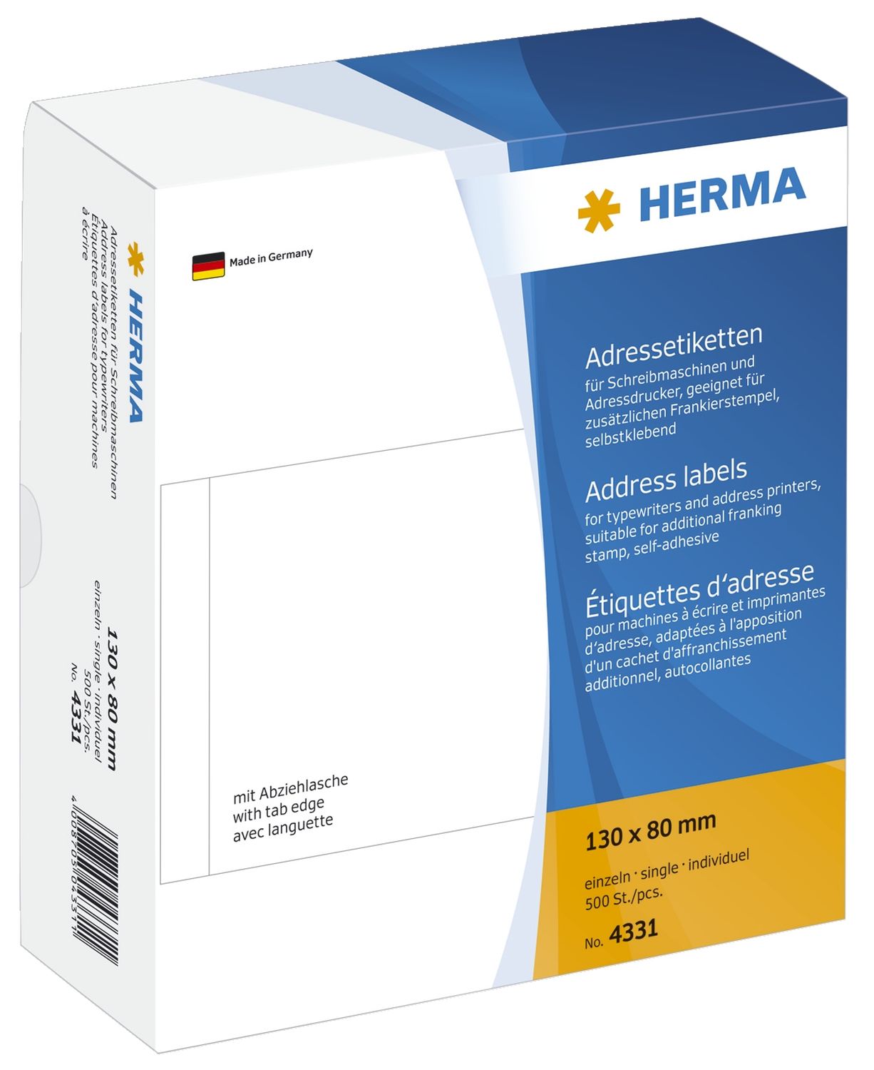 4331 Adress-Etiketten - einzeln mit Abziehlasche, 130 x 80 mm, selbstklebend, 500 Stück 4331 Adress-Etiketten - einzeln mit Abziehlasche, 130 x 80 mm, selbstklebend, 500 Stück