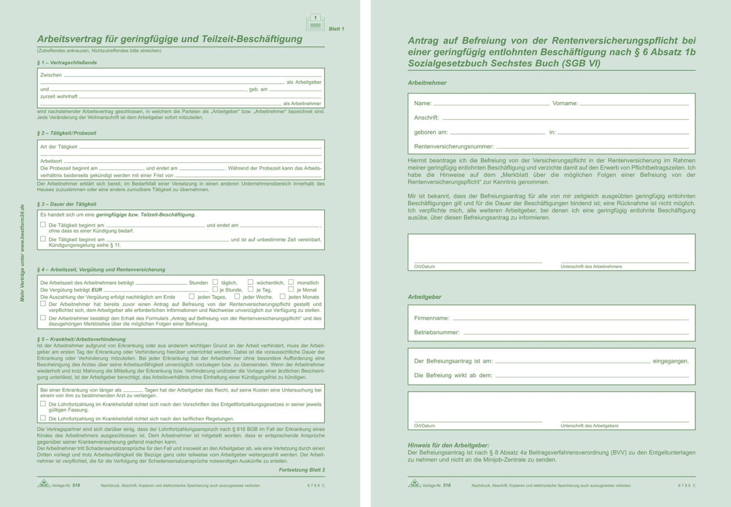 Arbeitsvertrag geringfügig Beschäftigte - SD, 2x2 Blatt + Zusatzblatt, DIN A4 Arbeitsvertrag geringfügig Beschäftigte - SD, 2x2 Blatt + Zusatzblatt, DIN A4