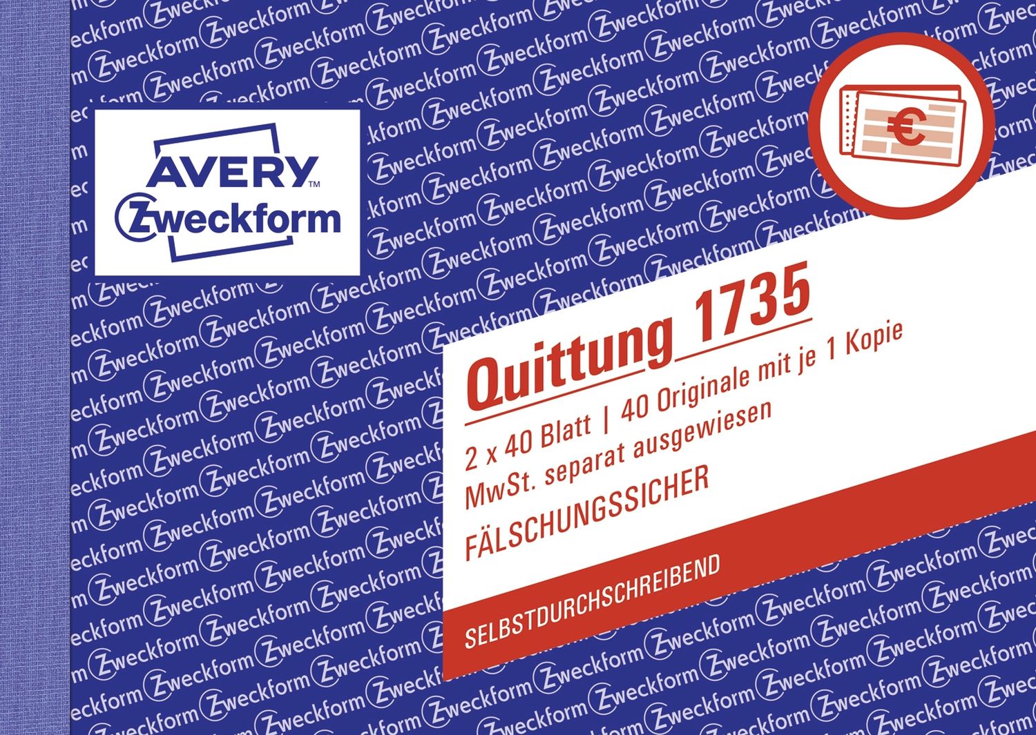 1735 Quittung MwSt. separat ausgewiesen, DIN A6 quer, fälschungssicher, 2 x 40 Blatt, weiß, gelb