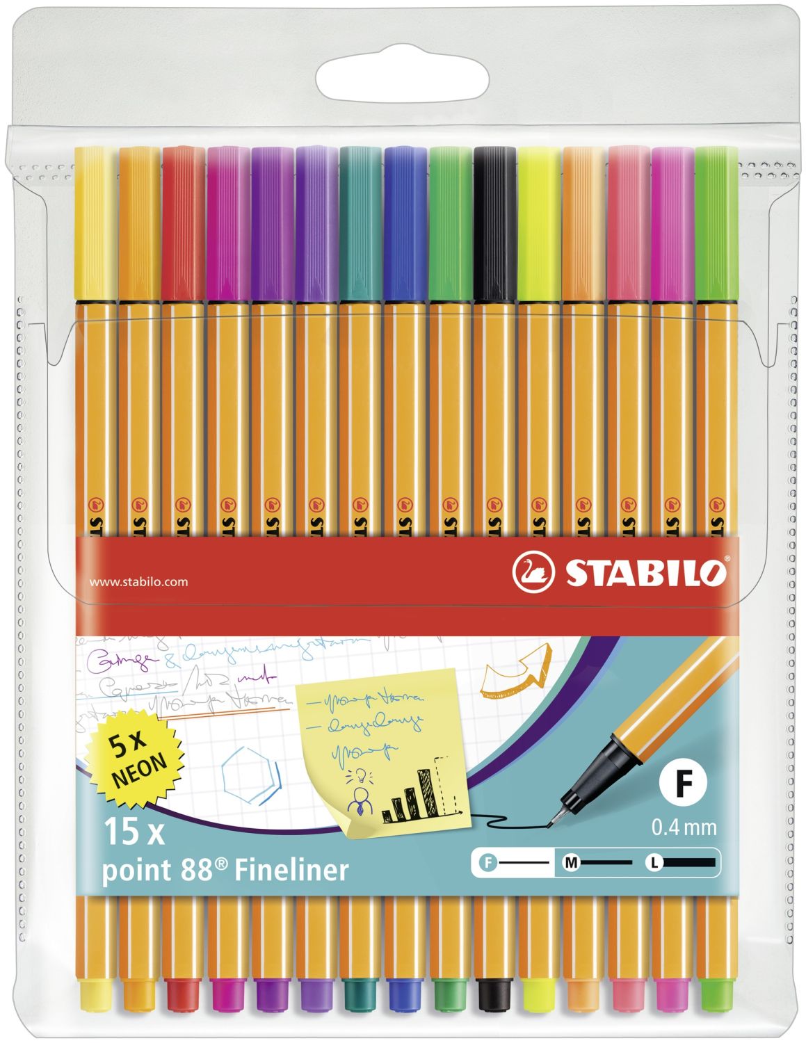 Fineliner - point 88 - 15er Pack - mit 15 verschiedenen Farben inklusive 5 Neonfarben