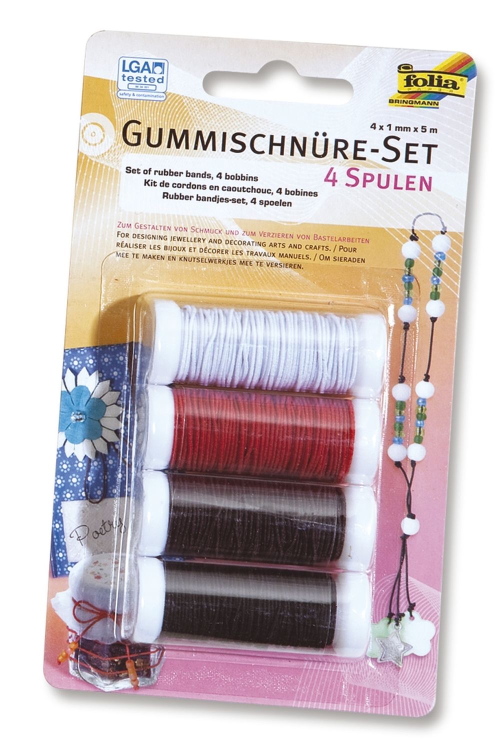 Gummischnüre-Set - 4 Spulen à 5 m, farbig sortiert Gummischnüre-Set - 4 Spulen à 5 m, farbig sortiert