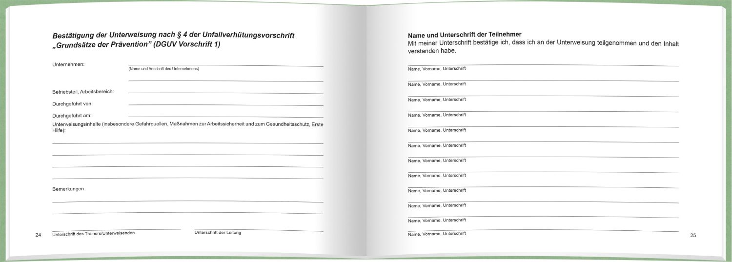 Unterweisungsbuch für die betriebliche Unfallverhütung, 48 Seiten, DIN A5 quer Unterweisungsbuch für die betriebliche Unfallverhütung, 48 Seiten, DIN A5 quer