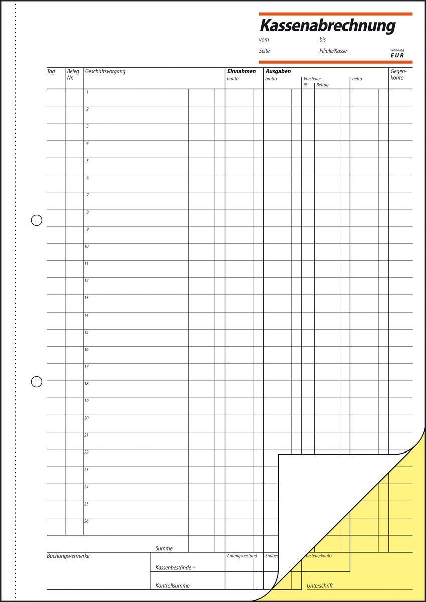 Kassenabrechnungen - A4, einfaches Satzbild, 1. und 2. Blatt bedruckt, 2 x 50 Blatt Kassenabrechnungen - A4, einfaches Satzbild, 1. und 2. Blatt bedruckt, 2 x 50 Blatt