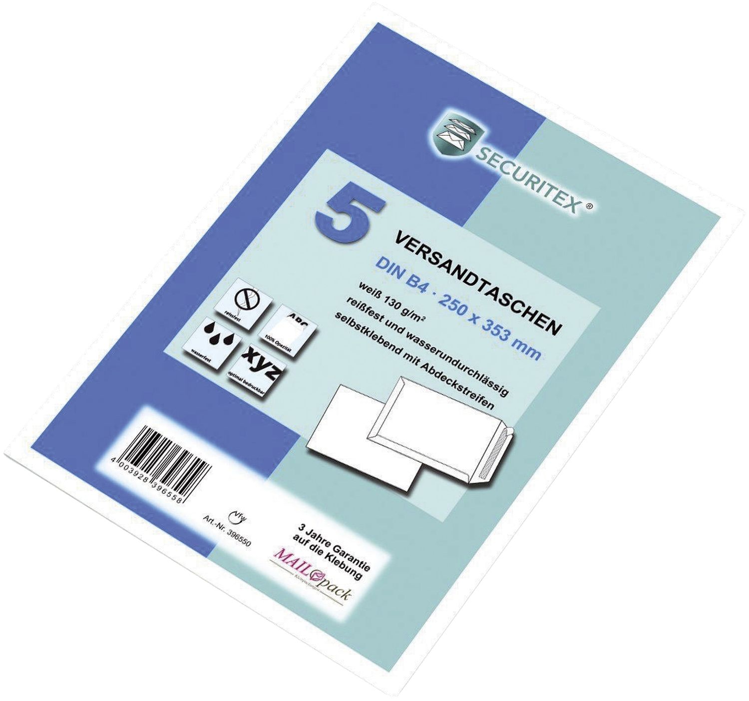 Versandtasche SECURITEX® 30002549, B4, ohne Fenster, 130 g/qm, haftklebend, 5 Stück