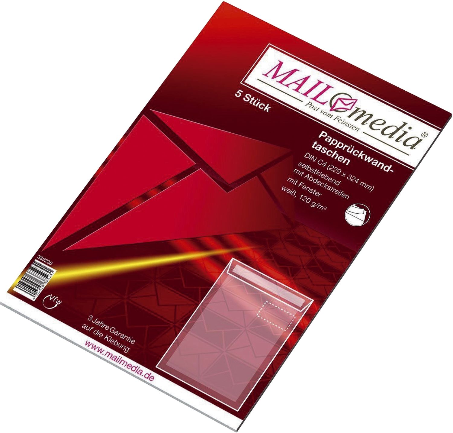 Papprückwandtaschen MAILmedia® 30002506, C4, mit Fenster, 120 g/qm, weiß, 5 Stück Papprückwandtaschen MAILmedia® 30002506, C4, mit Fenster, 120 g/qm, weiß, 5 Stück