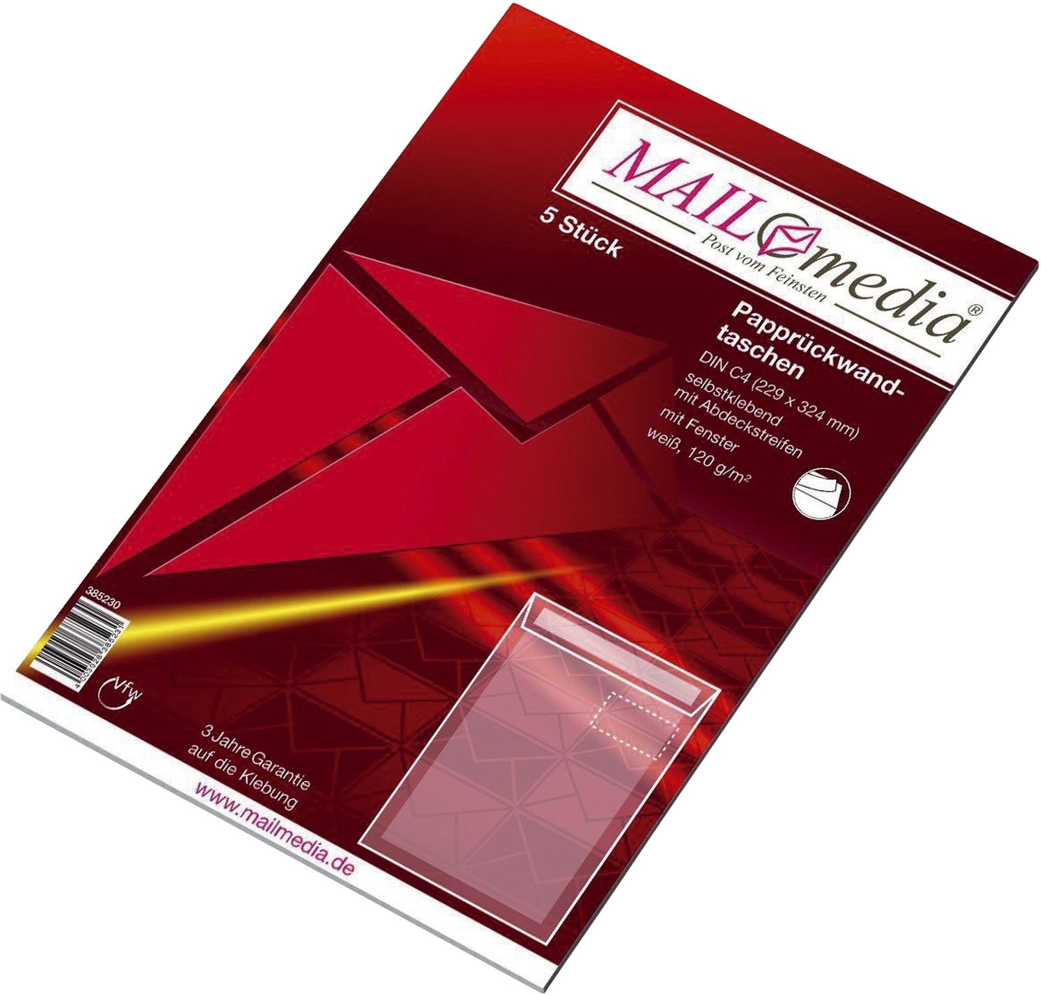 Papprückwandtaschen MAILmedia® 30002506, C4, mit Fenster, 120 g/qm, weiß, 5 Stück