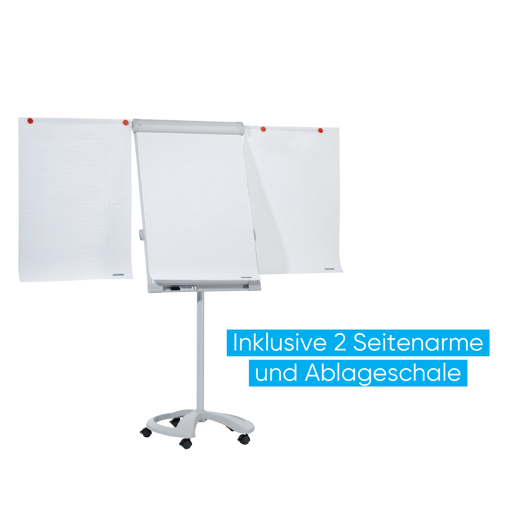 Flipchart Franken Deluxe Mobil FC81, Rundfuß mit Rollen, mit Seitenarmen, höhenverstellbar, 67 x 95 cm