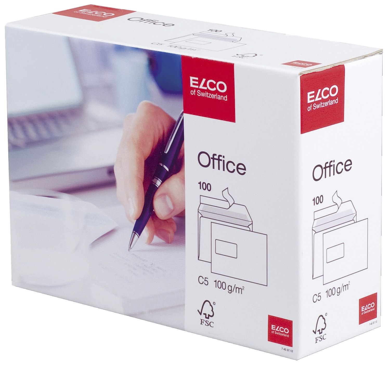 Versandtaschen Office Elco 74537.12, C5, Öffnung an der langen Seite, hochweiß, haftklebend, mit Fenster, 100 g/qm, 100 Stück in Shop Box