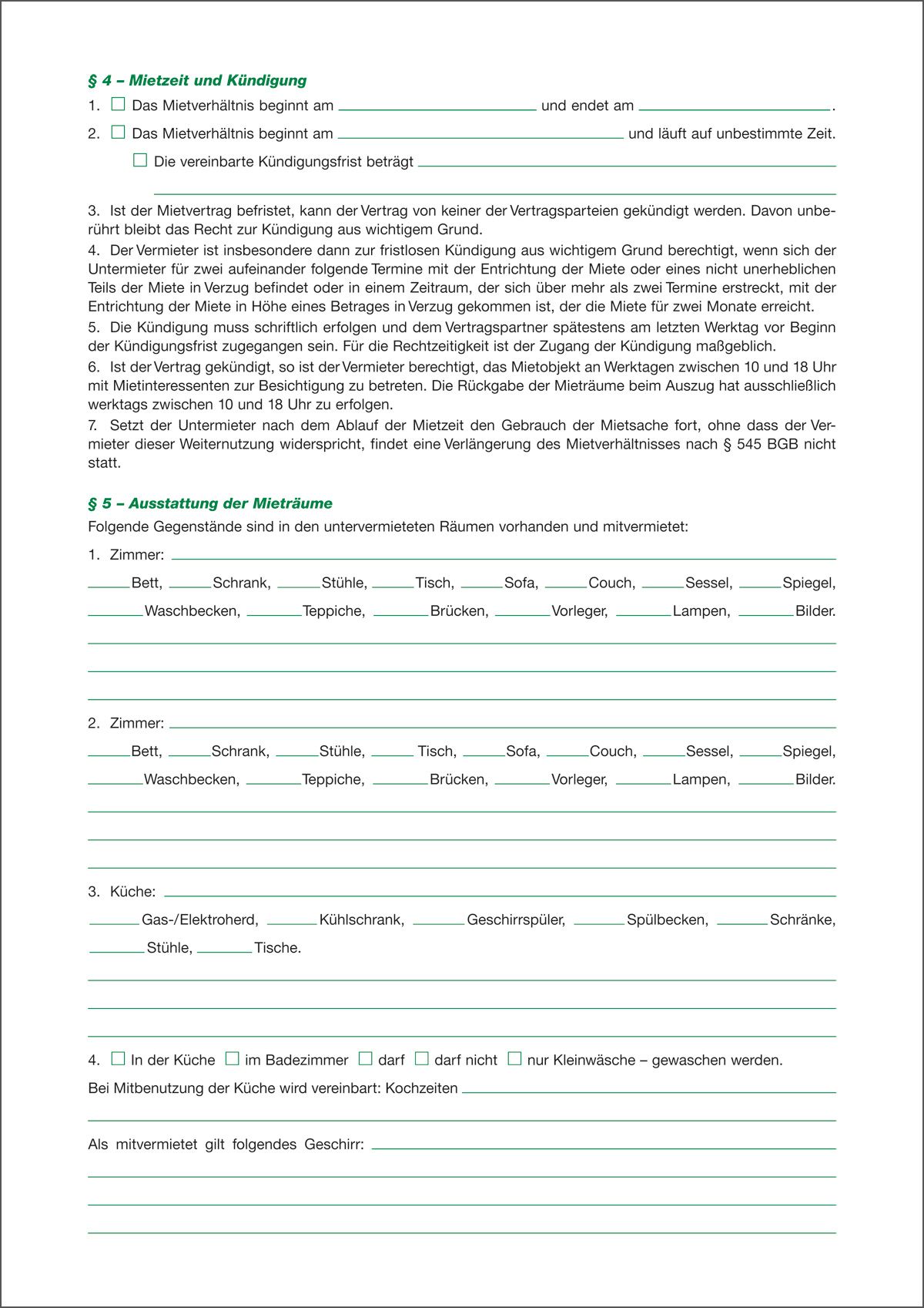 Untermietvertrag für Wohnräume, 4 Seiten, gefalzt auf DIN A4 Untermietvertrag für Wohnräume, 4 Seiten, gefalzt auf DIN A4