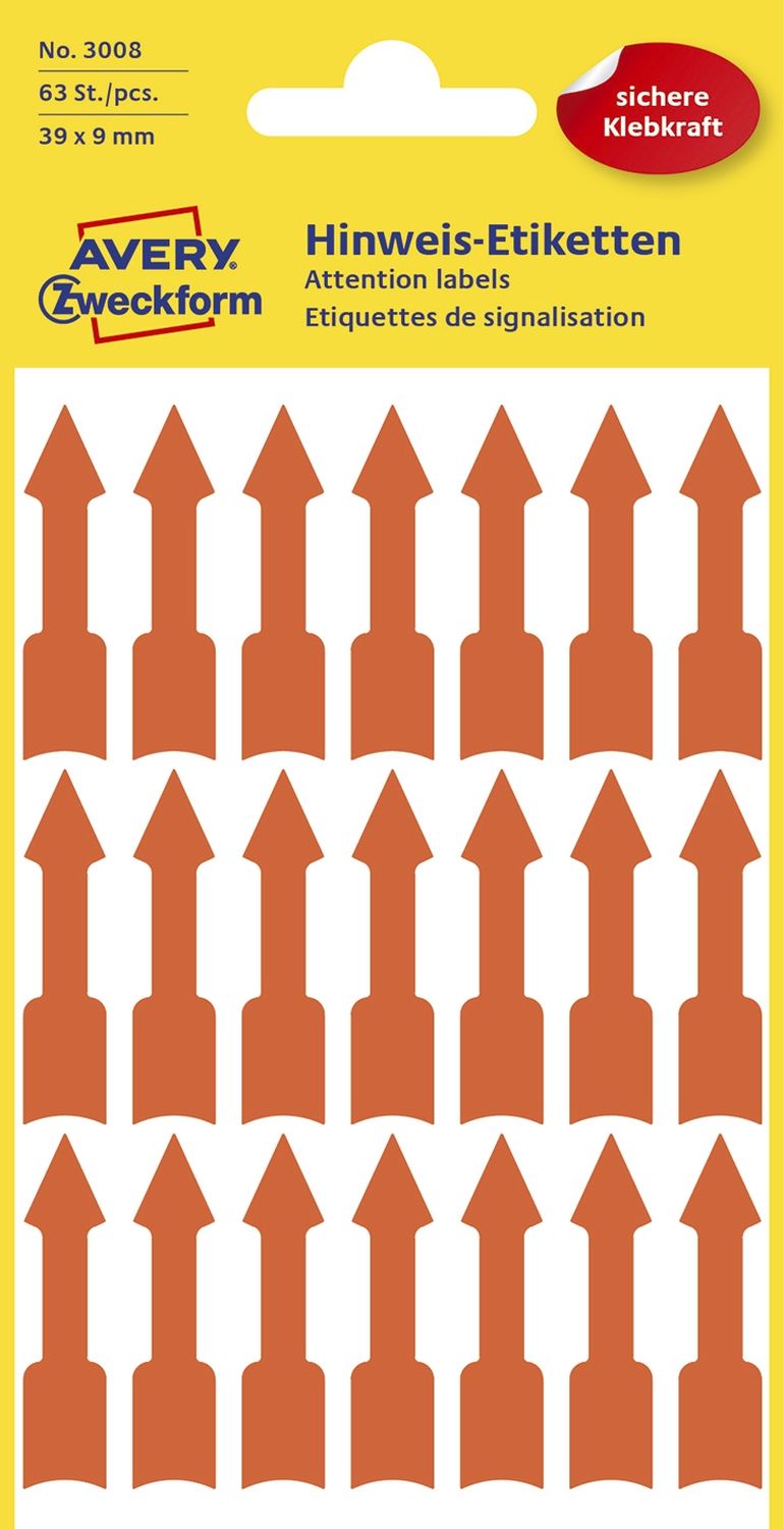 3008 Etiketten in Sonderformaten, 39 x 9 mm, vorgestaltet, 3 Blatt/63 Etiketten, leuchtrot 3008 Etiketten in Sonderformaten, 39 x 9 mm, vorgestaltet, 3 Blatt/63 Etiketten, leuchtrot